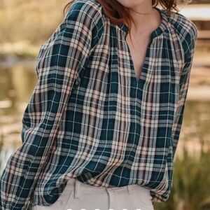 Garnet Hill - Plaid V-Neck Popover Womens Shirt- M - L - XL -100% Organic Cotton